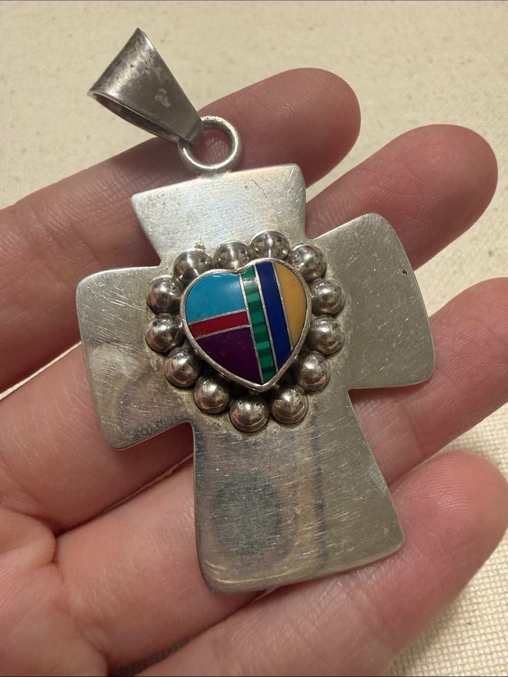 Stunning Native Sterl Silver 925 Mexico Cross Pendant W/Multicolor Inlay Heart